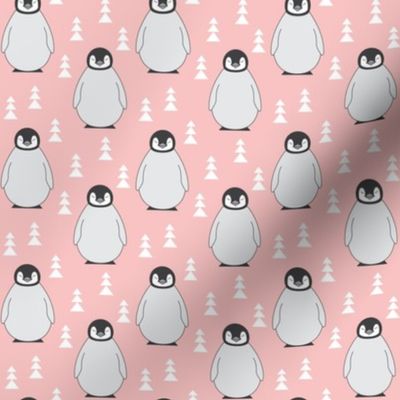 small penguins with triangle trees on soft pink