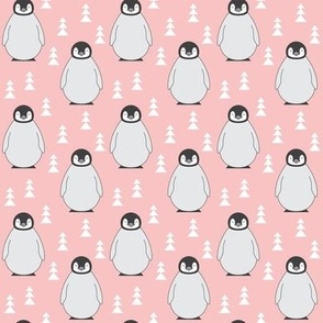 small penguins with triangle trees on soft pink