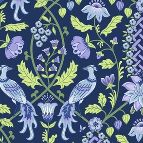 Pastel comforts chinoiserie exotic birds - grand millennial - Sky Blue, Lilac and Honeydew on navy blue - jumbo