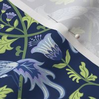 Pastel comforts chinoiserie exotic birds - grand millennial - Sky Blue, Lilac and Honeydew on navy blue - medium