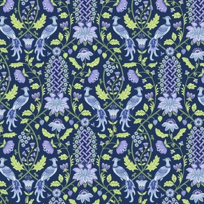 Pastel comforts chinoiserie exotic birds - grand millennial - Sky Blue, Lilac and Honeydew on navy blue - medium