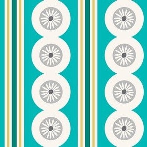 Smaller Scale /  Stripe that has a retro feel, includes two tones of teal, gold, and grey / Clean looking and feeling