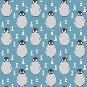 small penguins with triangle trees on blue