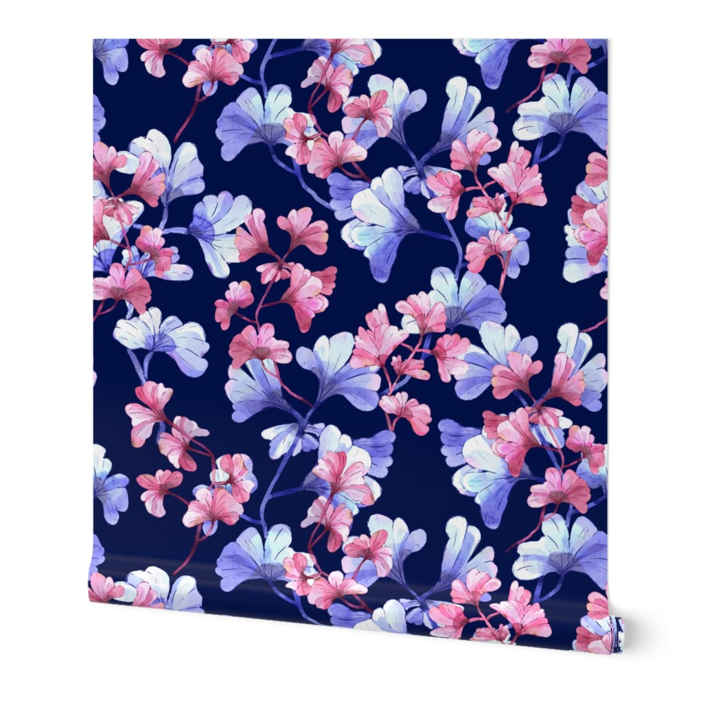 Purple Flamingo Ginkgo Garden - Navy Large Scale