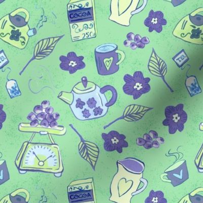 Blueberry Love Retro Kitchen Scales with teapots, cups and flowers green, yellow and indigo purple