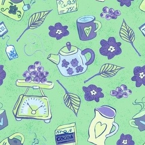 Blueberry Love Retro Kitchen Scales with teapots, cups and flowers green, yellow and indigo purple