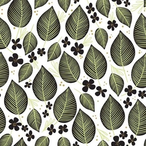 black leaves and little flowers on white with green and yellow details | home décor, wallpaper