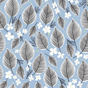 LARGE SCALE |white leaves and little flowers on blue with black and green details | home décor, wallpaper