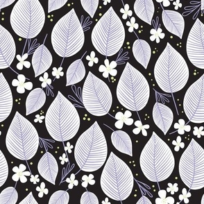 white leaves and little flowers on black with purple details | home décor, wallpaper