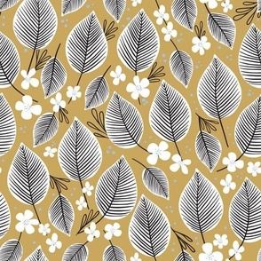 white leaves and little flowers on golden yellow with blue details | home décor, wallpaper