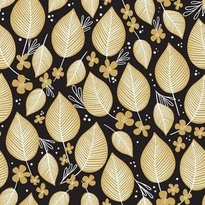 golden yellow leaves and little flowers on black with white details | home décor, wallpaper