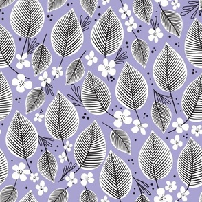 white leaves and little flowers on purple  with black details | home décor, wallpaper