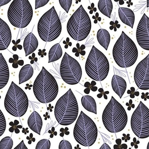 black leaves and little flowers on white with purple details | home décor, wallpaper