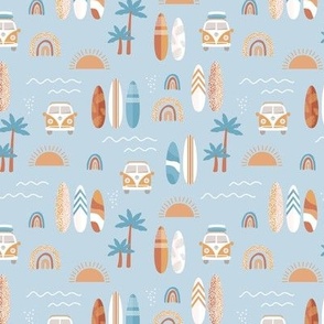 Little campervan and surf boards summer surf trip boho vacation palm trees sunshine and waves orange rust yellow on baby blue SMALL