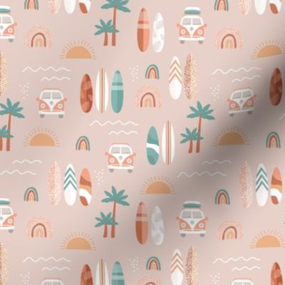 Little campervan and surf boards summer surf trip boho vacation palm trees sunshine and waves orange rust teal on beige SMALL