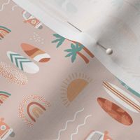 Little campervan and surf boards summer surf trip boho vacation palm trees sunshine and waves orange rust teal on beige SMALL