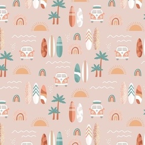 Little campervan and surf boards summer surf trip boho vacation palm trees sunshine and waves orange rust teal on beige SMALL