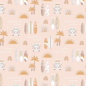 Little campervan and surf boards summer surf trip boho vacation palm trees sunshine and waves beige sand ochre gray neutral seventies vintage palette SMALL 