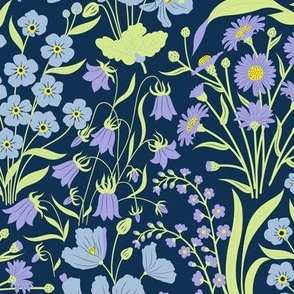 medium //  Pastel blue, green and lilac wildflowers on navy