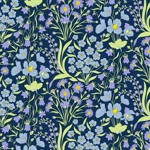 small //  Pastel blue, green and lilac wildflowers on navy