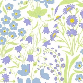 medium //  Pastel blue, green and lilac wildflowers on white