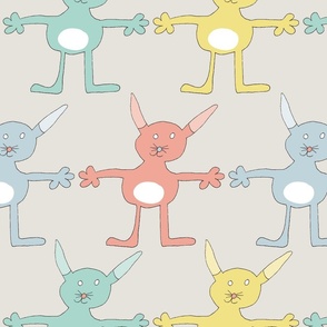 colorful bunny friends on light gray