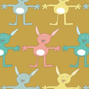 colorful bunny friends on gold