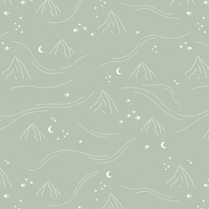 Mountains and waves stars and moon dreamy night landscape minimalist boho style white on sage green 
