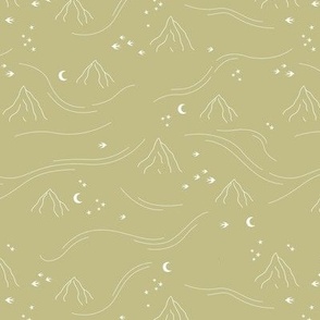 Mountains and waves stars and moon dreamy night landscape minimalist boho style white on matcha green