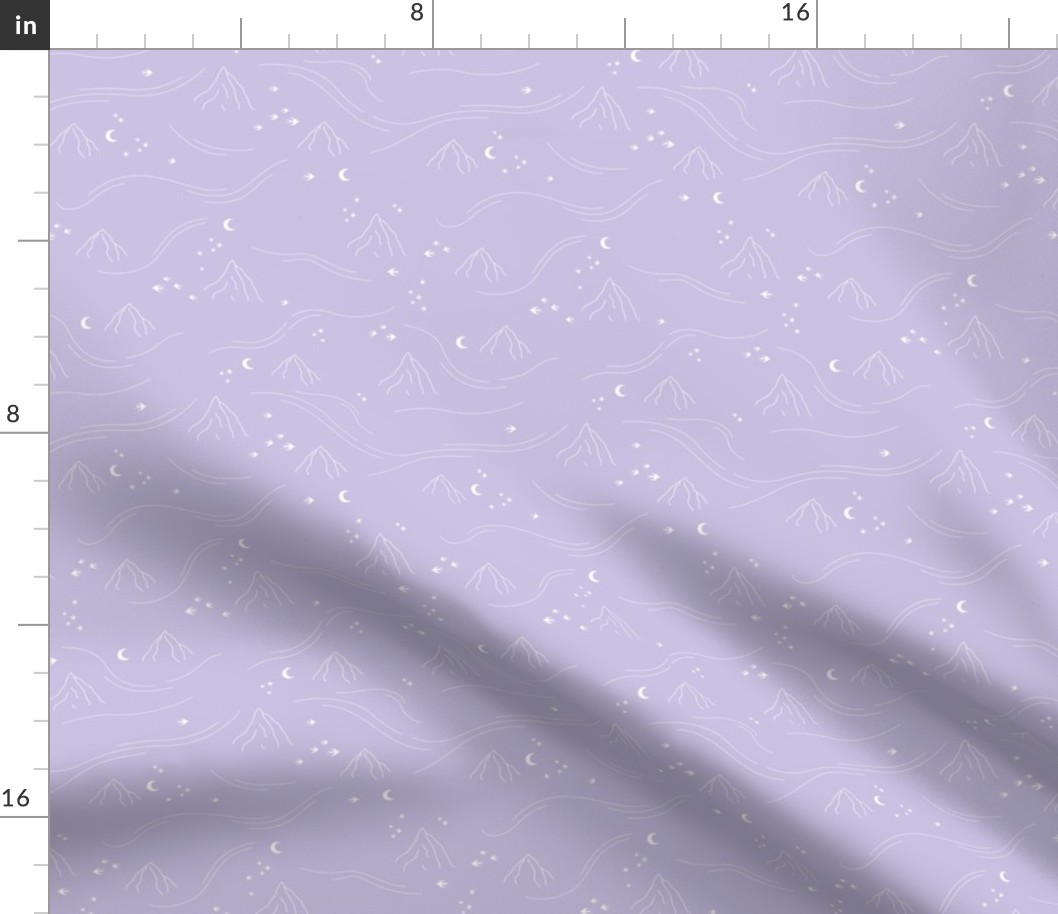 Mountains and waves stars and moon dreamy night landscape minimalist boho style white on lilac purple 