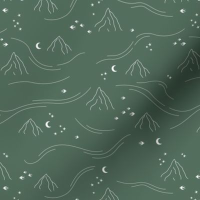 Mountains and waves stars and moon dreamy night landscape minimalist boho style white on pine green