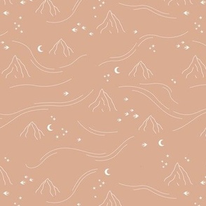 Mountains and waves stars and moon dreamy night landscape minimalist boho style white on blush peach