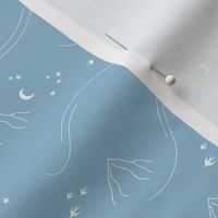 Mountains and waves stars and moon dreamy night landscape minimalist boho style white on moody blue
