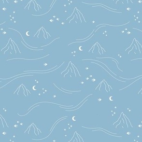 Mountains and waves stars and moon dreamy night landscape minimalist boho style white on moody blue
