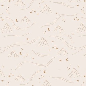 Mountains and waves stars and moon dreamy night landscape minimalist boho style golden on ivory sand  