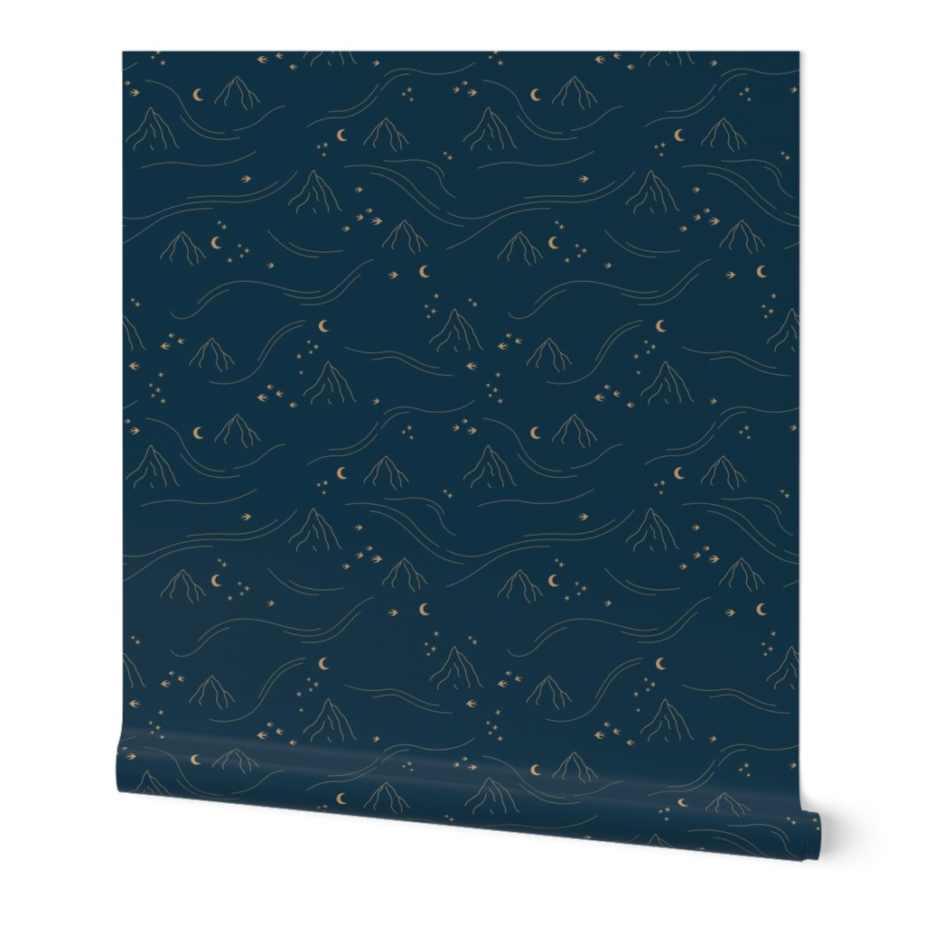 Mountains and waves stars and moon dreamy night landscape minimalist boho style golden on navy blue 