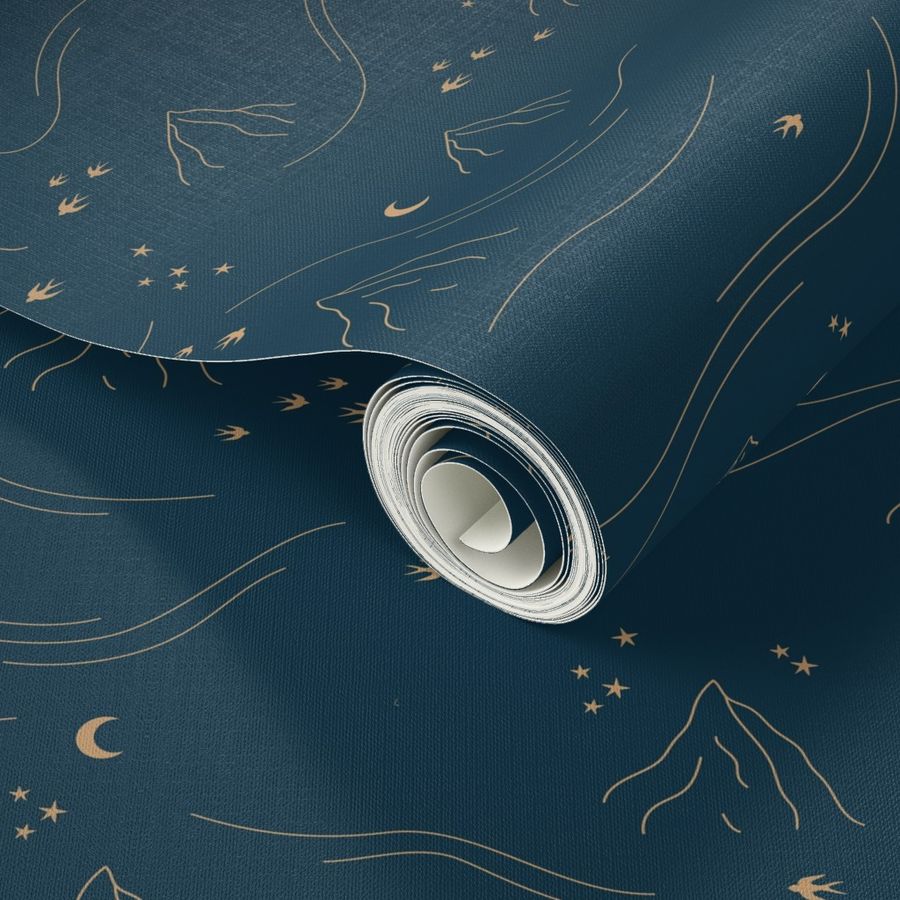 Mountains and waves stars and moon dreamy night landscape minimalist boho style golden on navy blue 