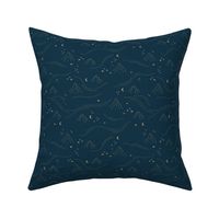 Mountains and waves stars and moon dreamy night landscape minimalist boho style golden on navy blue 