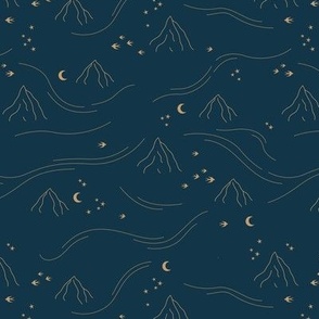 Mountains and waves stars and moon dreamy night landscape minimalist boho style golden on navy blue 