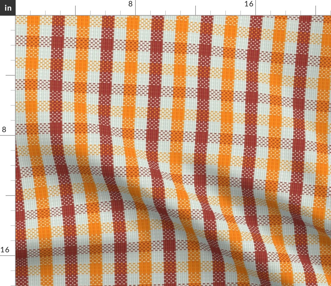 Mock Seersucker in Brown and Pumpkin Orange on White