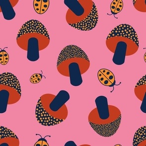 Modern Mushrooms ( + Ladybugs ) - Navy Blue + Orange on Pink