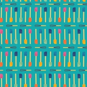 Blender Bright Colorful Kitchen Spatulas and Whisks in Horizontal  Stripe Pattern on Teal Ground  Non Directional