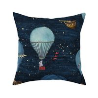 Large Forest Animal Hot Air Balloon Night Adventure in Blue  with *true* red // celestial, kids room, whimsical, vintage,