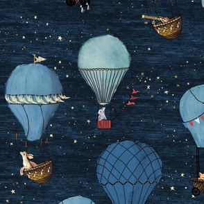 Large Forest Animal Hot Air Balloon Night Adventure in Blue  with *true* red // celestial, kids room, whimsical, vintage,