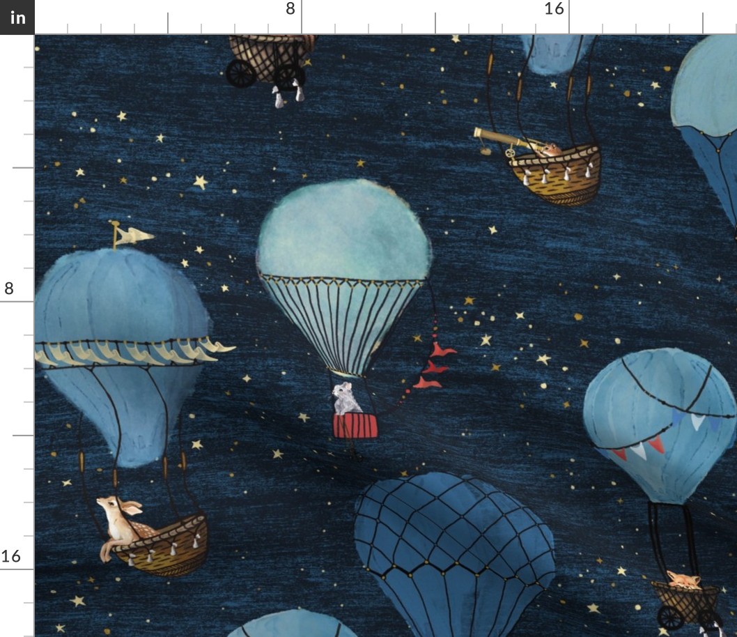 Large Forest Animal Hot Air Balloon Night Adventure in Blue  with *true* red // celestial, kids room, whimsical, vintage,