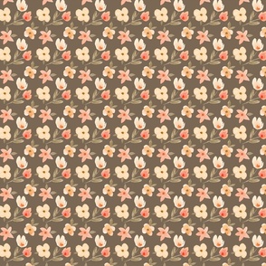 Watercolor Peach and Cream Flowers on Dark Espresso Taupe Background
