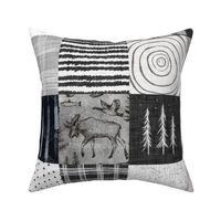 Wilderness Retreat: Western Cabin Moose Tree Nature Cheater Quilt with Fish, Black & White, Grayscale