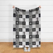 Wilderness Retreat: Western Cabin Moose Tree Nature Cheater Quilt with Fish, Black & White, Grayscale