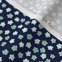 Tiny Green Aqua and White Flowers on Midnight Blue