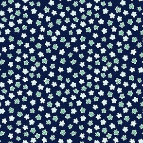 Tiny Green Aqua and White Flowers on Midnight Blue